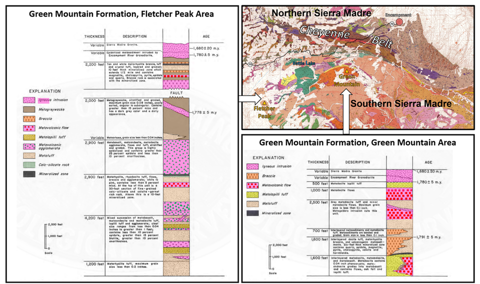 Geologic column and geology map of Green Mountain Formation in Sierra Madre Mountains, Wyoming