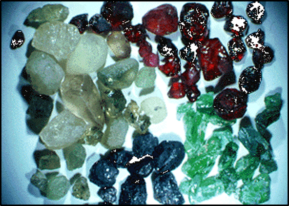 Picture of diamond zone indicator minerals, pyrope, clinopyroxene, ilmenite, chromite, and olivine