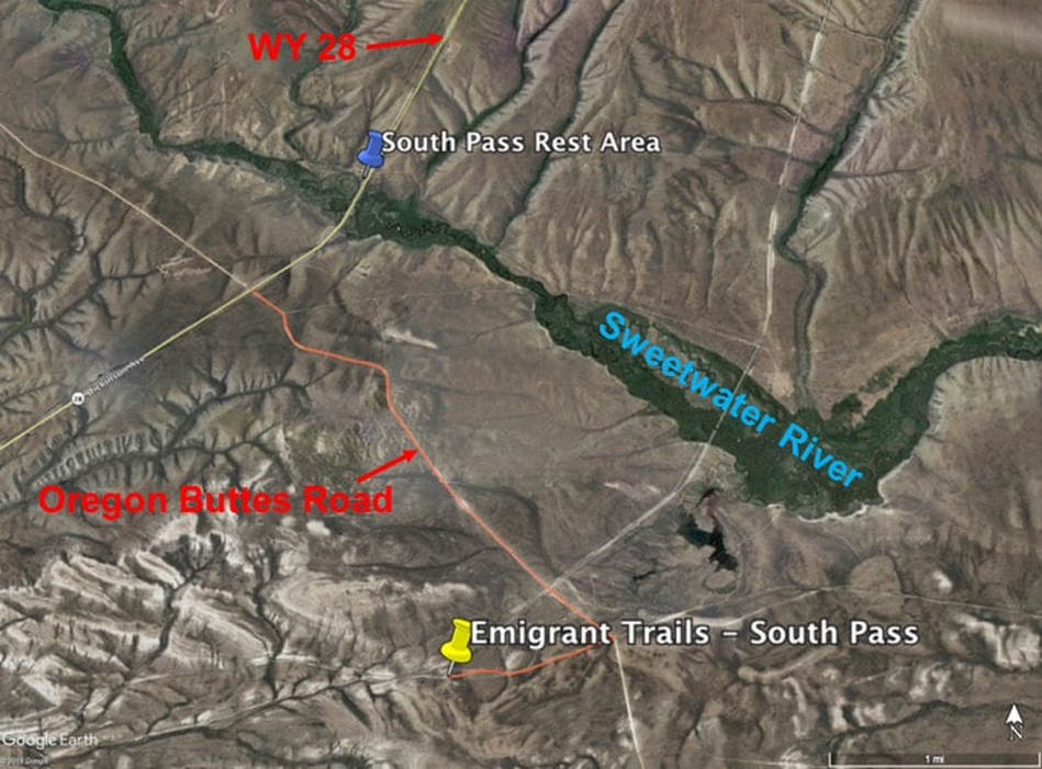 Google Earth map to Emigrant Trails and Pony Express at South Pass at Continental Divide, Wyoming