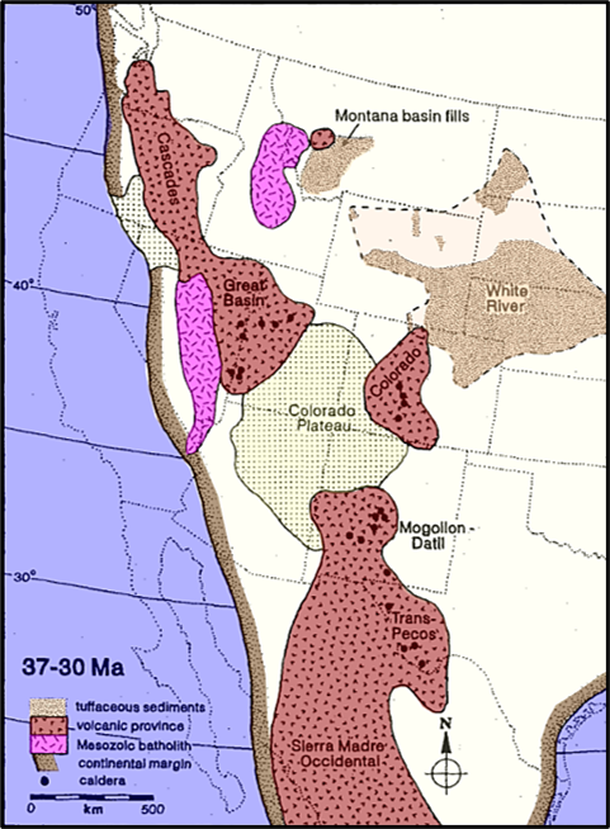 Paleogeography map of western US between 37 and 30 million years ago showing active volcanic provinces