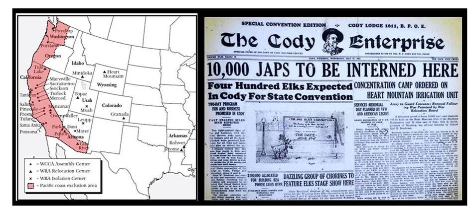 Map of Japanese-American WWII relocation and Cody Enterprise internment camp headline