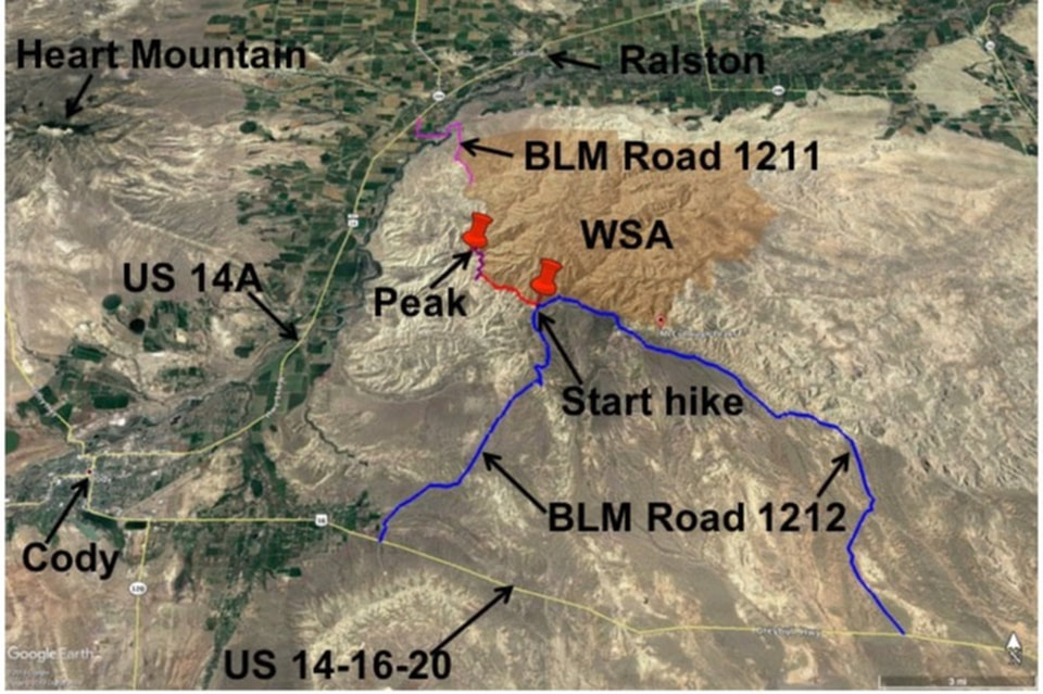 Map of main access roads to McCullough Peaks, Park County, Wyoming