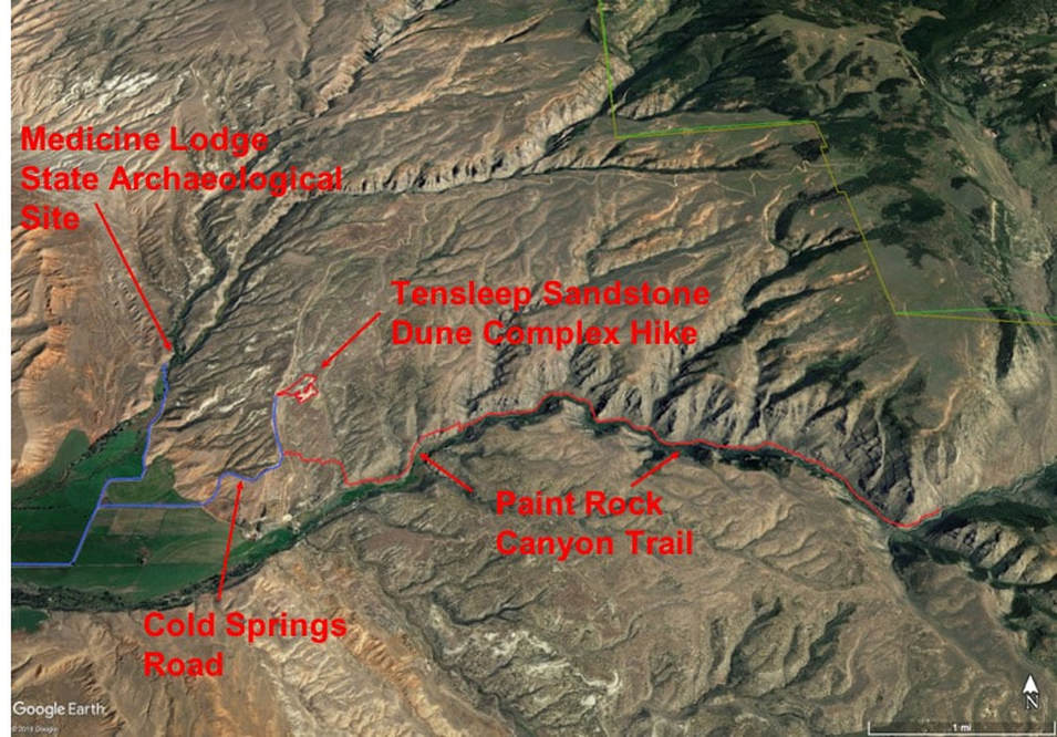 Map to Paint Rock Canyon, Medicine Lodge Archaeological Site and Tensleep Sandstone Dune Complex, Bighorn County, Wyoming