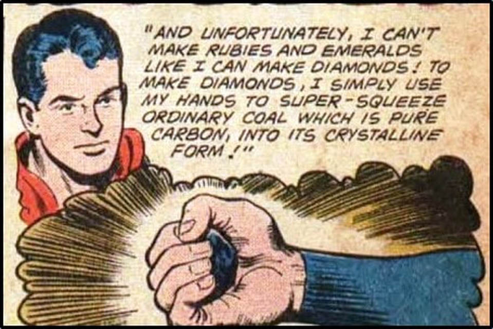 Cartoon of Superman making diamonds, but not rubies and emeralds