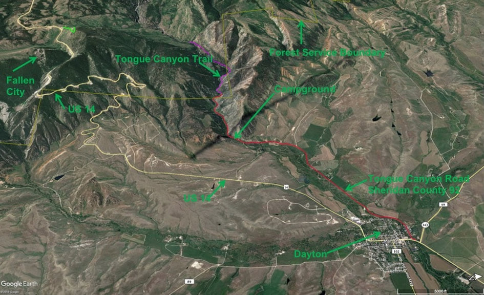 Map to Tongue River Canyon Trail, Sheridan County, Wyoming