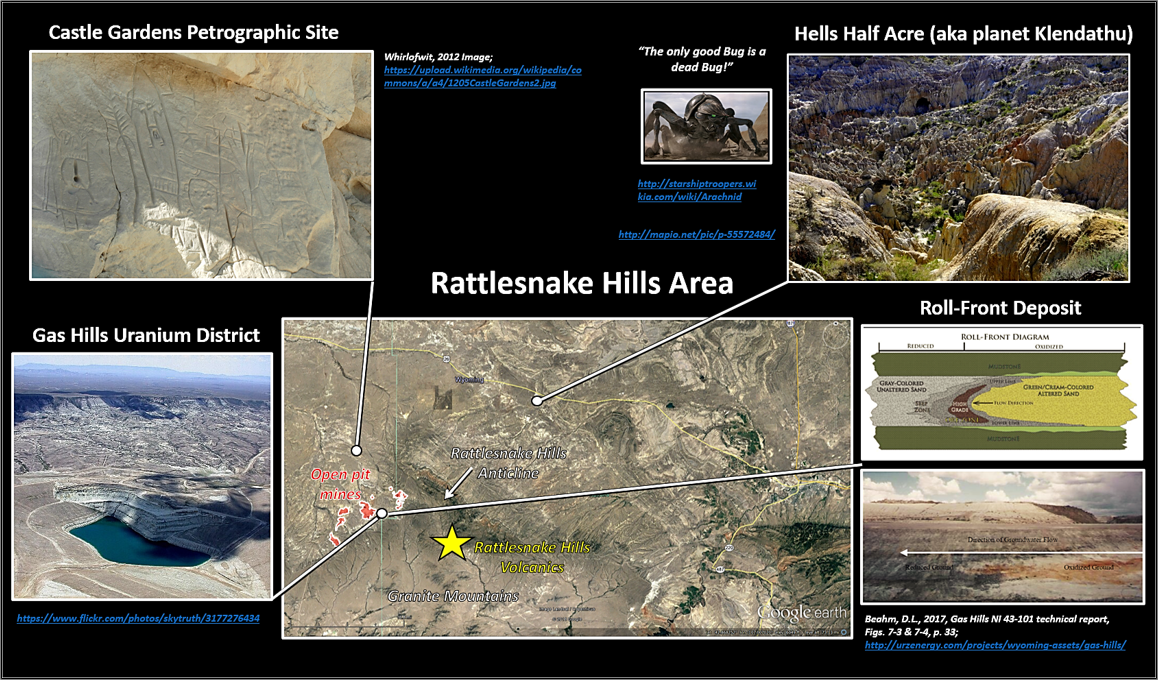 Pictures of Rattlesnake Hills attractions: Hells Half Acre, Castle Gardens Petroglyph and Gas Hills Uranium District, Wyoming