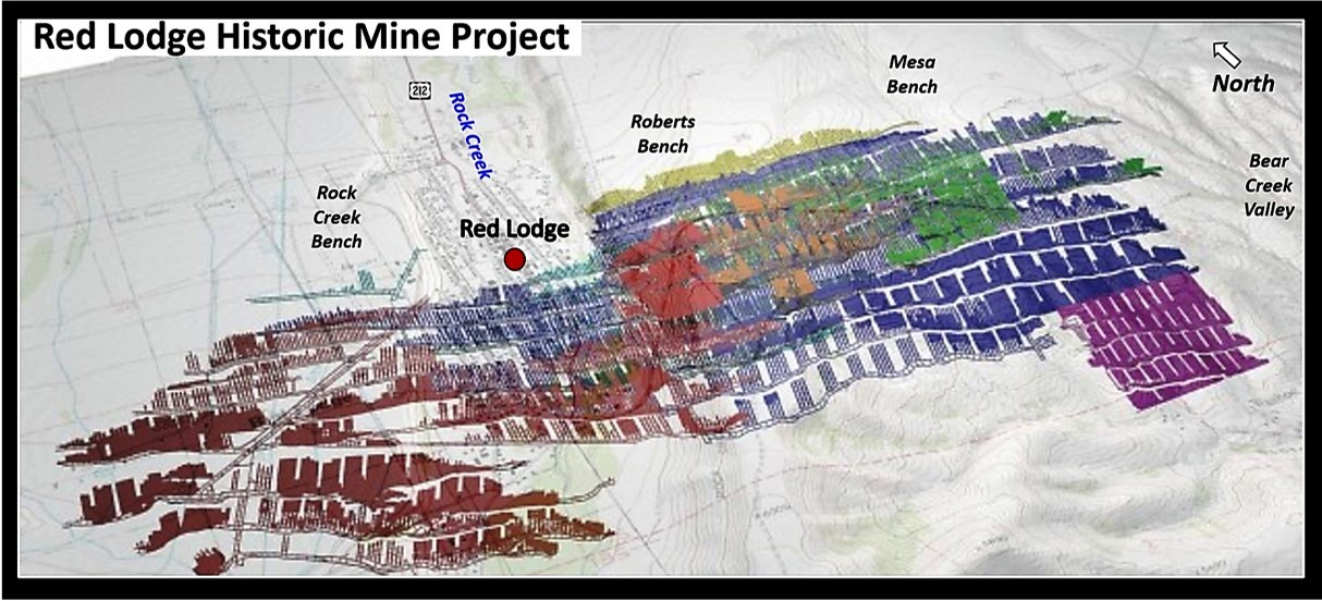 Map of Red Lodge Bearcreek coal mine tunnels superimposed on a topographic map, Carbon County, Montana