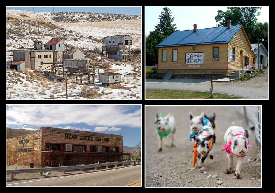 Pictures of abandoned Smith Mine, Bear Creek Saloon and Steakhouse, pig races, and Washoe Coal Company Office, Carbon County, Montana