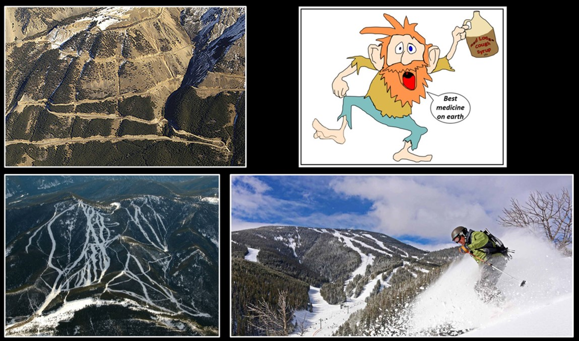 Pictures of Beartooth Highway switchbacks, Red Lodge Mountain Ski Area, and cartoon of bootleg Red Lodge Syrup, Carbon County, Montana