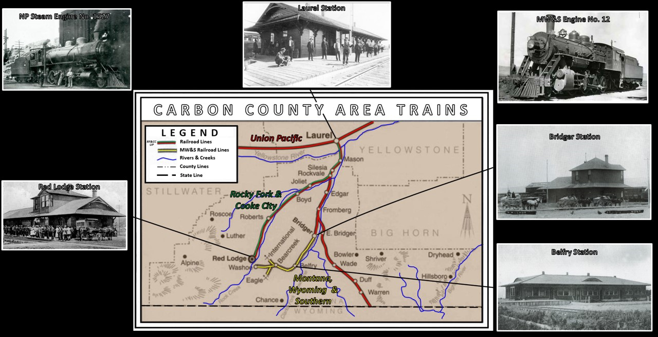 Map of Carbon County, Montana train routes and historic pictures of train stations