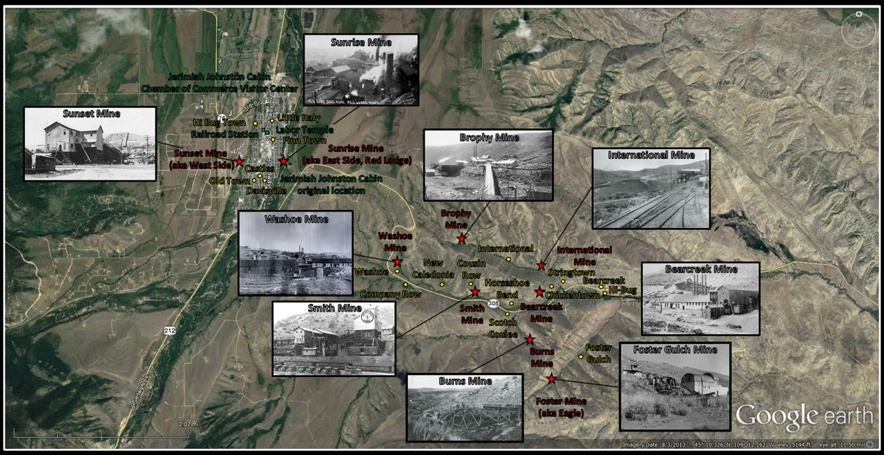 Map of Red Lodge and Bear Creek Valley coal mines with historic mine pictures, Carbon County, Montana