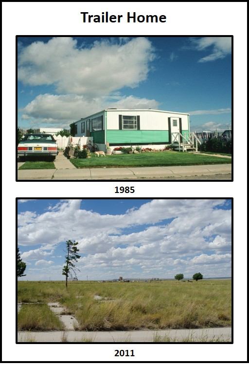 Pictures of Shirley Basin trailer home, before and after the mining boom, Wyoming