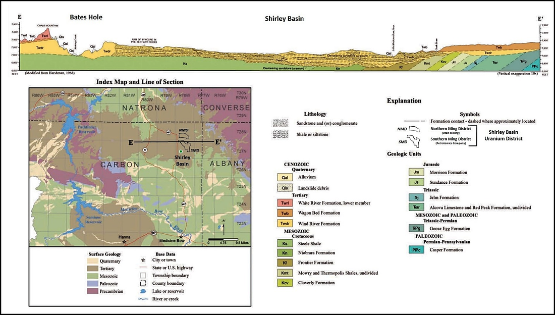 Geology cross section and map of Shirley Basin, Wyoming