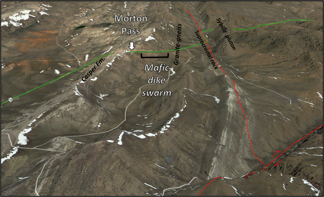 Aerial view of Morton Pass area with annotated geology, Albany County, Wyoming