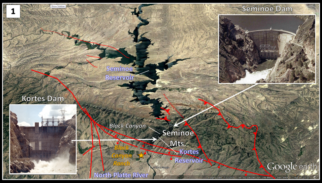  Aerial picture of Seminoe Reservoir annotated with faults, and pictures of Seminoe Dam and Kortes Dam, Wyoming