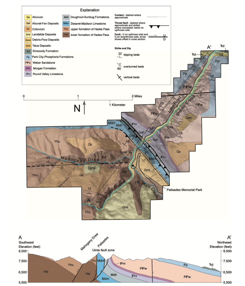 Geologic map and cross section of the Sheep Creek Canyon Geological Area, Utah