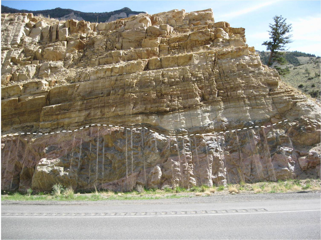 Picture of Cambrian Flathead Sandstone unconformable contact with Precambrian granite, Shoshone Canyon, Park County, Wyoming