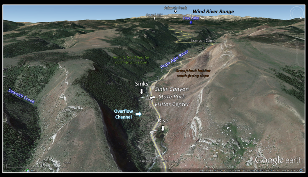 Google Earth image of Sinks Canyon, annotated, Fremont County, Wyoming