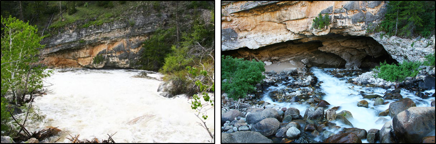 Pictures of Middle Popo Agie River Sinks at high water and normal water flow, Sinks Canyon, Wyoming