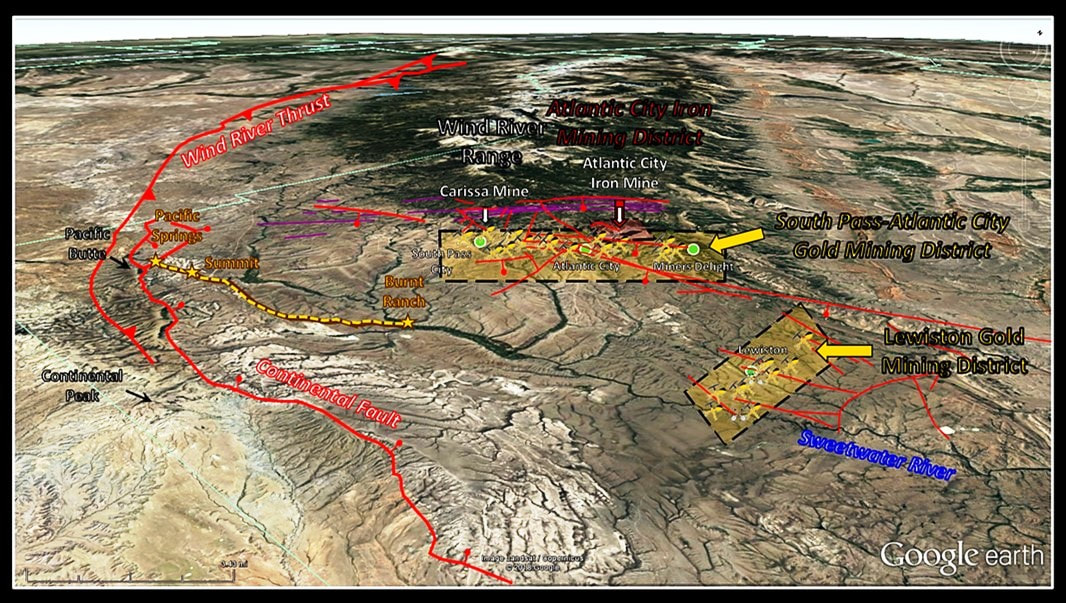 Google Earth image of South Pass mining districts, annotated, Wyoming