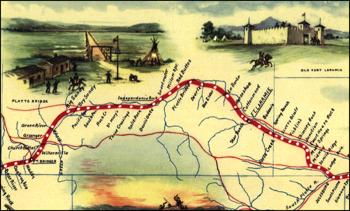 Pictographic map of Pony Express route in Wyoming by William Henry Jackson