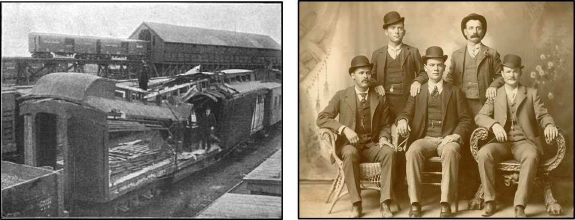 Picture of Wilcox Train Robbery dynamited baggage car and Wild Bunch