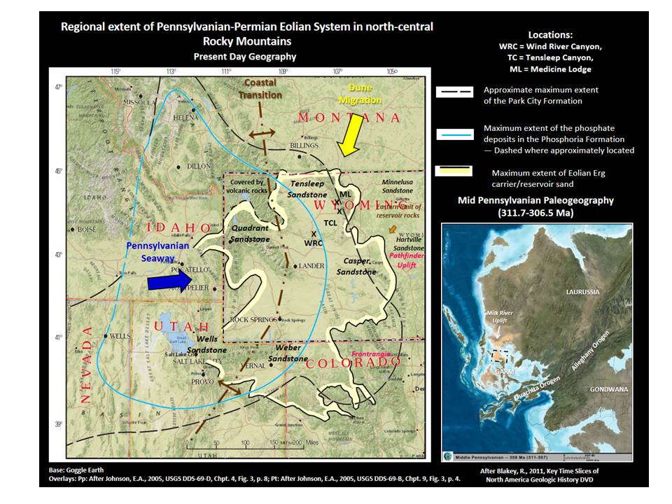Map paleogeography Pennsylvanian-Permian eolian system, Rocky Mountains